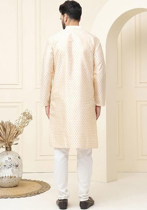 Cream Ethnic Motifs Cotton Kurta Set For Men