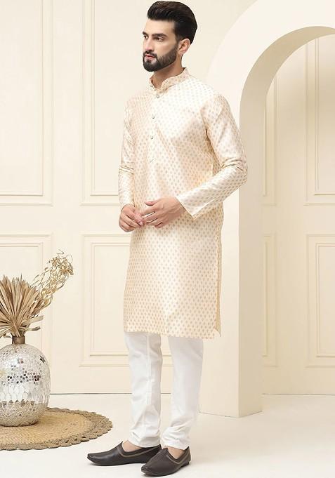Cream Ethnic Motifs Cotton Kurta Set For Men