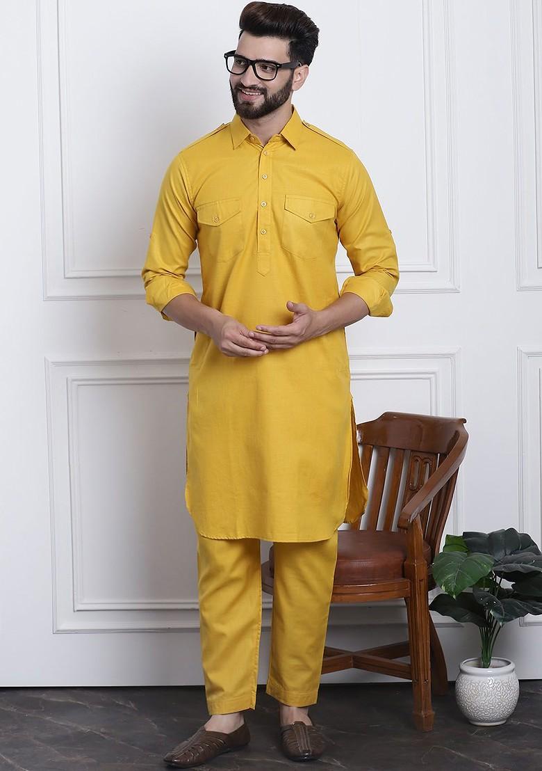 Mustard Solid Poly Blend Kurta Set For Men