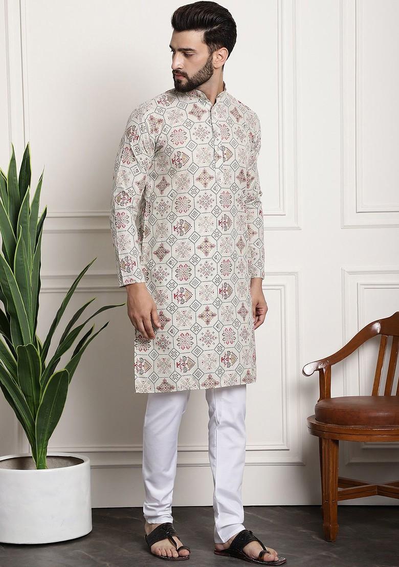 Cream Ethnic Motifs Poly Blend Kurta Set For Men
