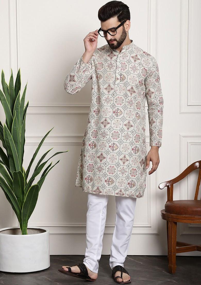 Cream Ethnic Motifs Poly Blend Kurta Set For Men