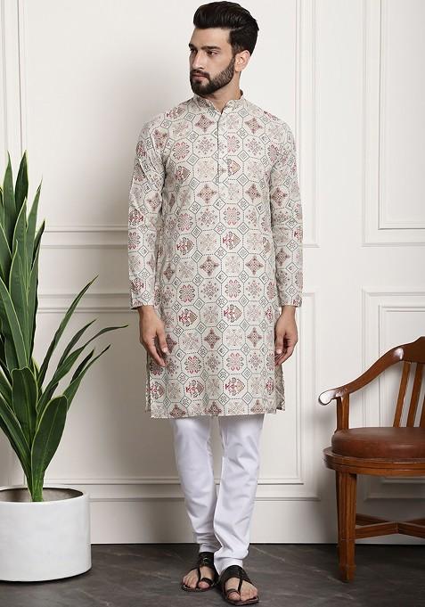 Cream Ethnic Motifs Poly Blend Kurta Set For Men