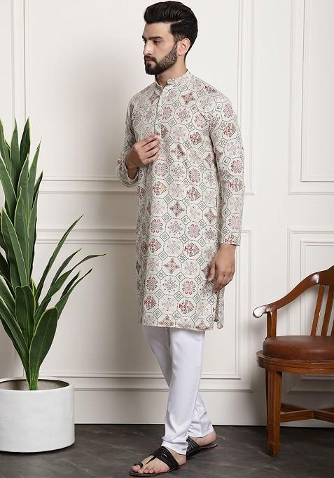 Cream Ethnic Motifs Poly Blend Kurta Set For Men