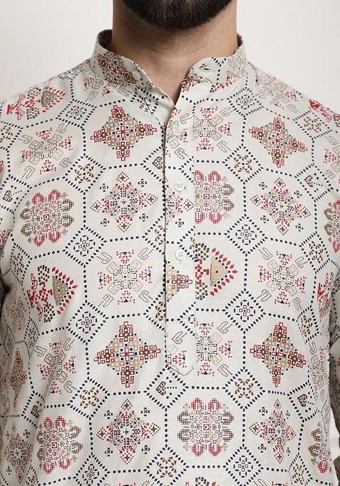 Cream Ethnic Motifs Poly Blend Kurta Set For Men