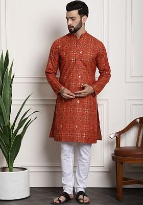 Orange Ethnic Motifs Poly Blend Kurta Set For Men