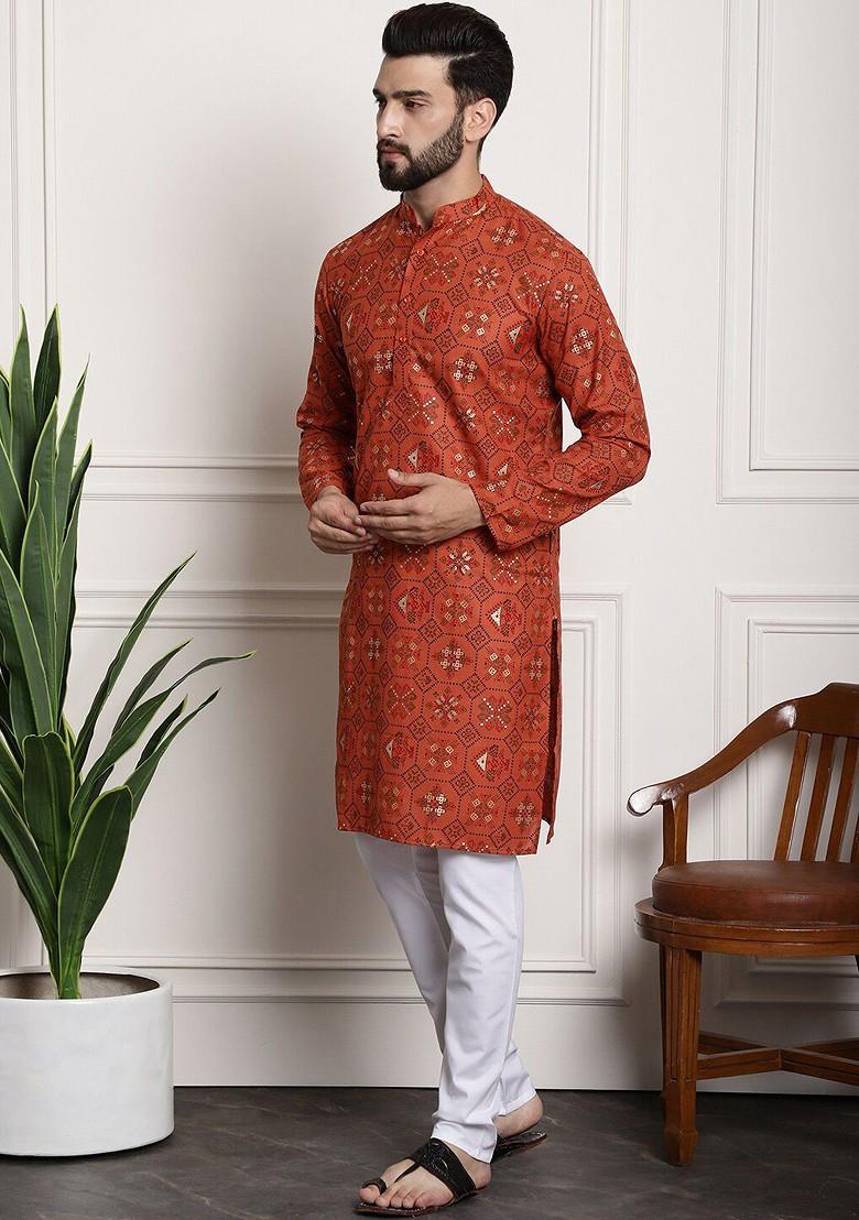 Orange Ethnic Motifs Poly Blend Kurta Set For Men