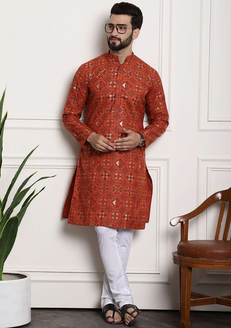 Orange Ethnic Motifs Poly Blend Kurta Set For Men - Indya