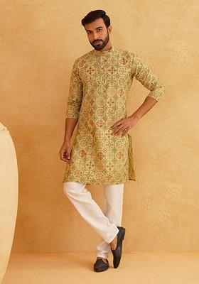 Green Printed Cotton Kurta Set For Men
