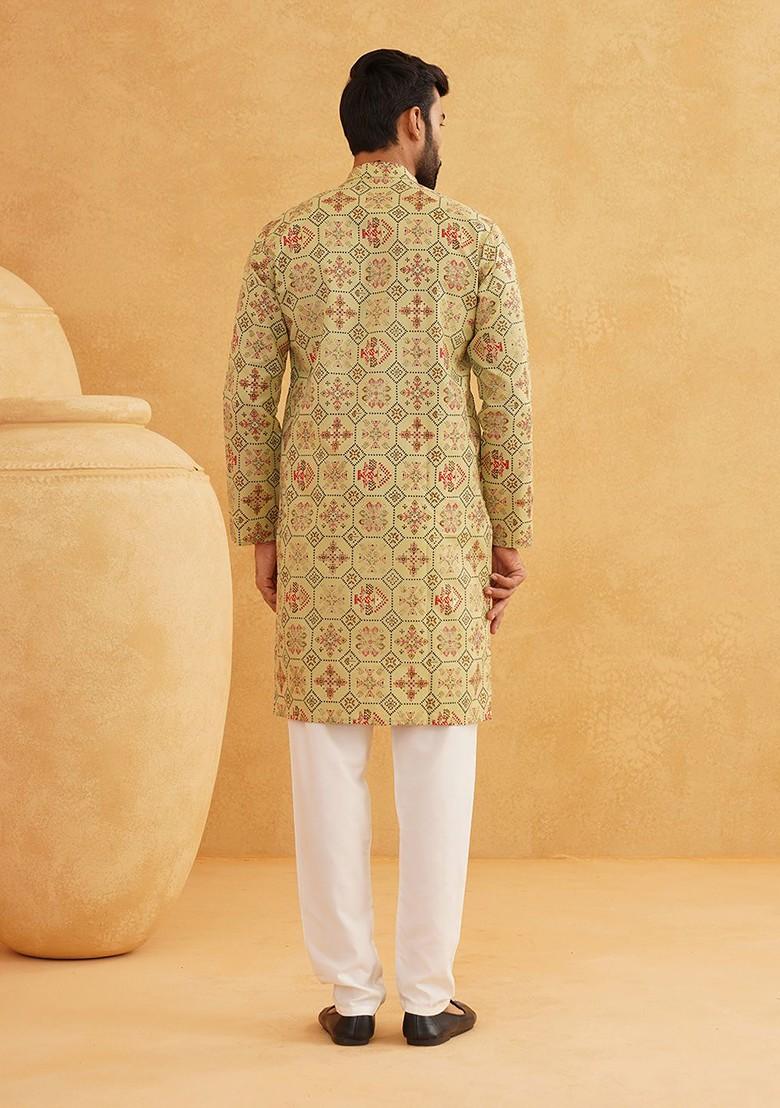 Green Printed Cotton Kurta Set For Men
