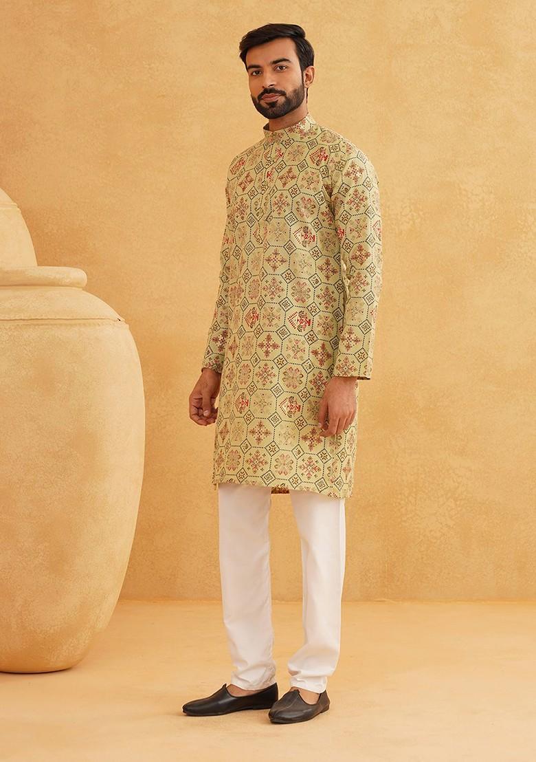 Green Printed Cotton Kurta Set For Men
