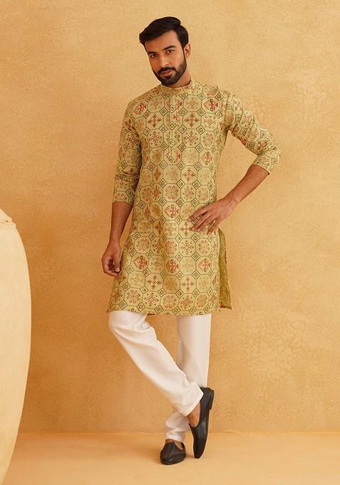 Green Printed Cotton Kurta Set For Men