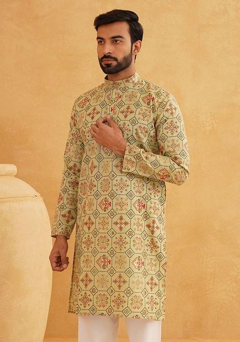 Green Printed Cotton Kurta Set For Men