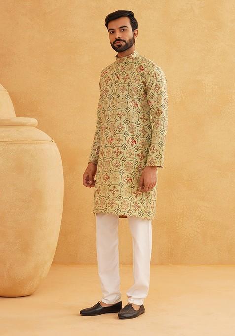 Green Printed Cotton Kurta Set For Men