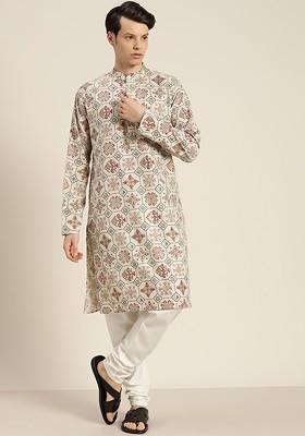 Beige Ethnic Motifs Poly Blend Kurta Set For Men