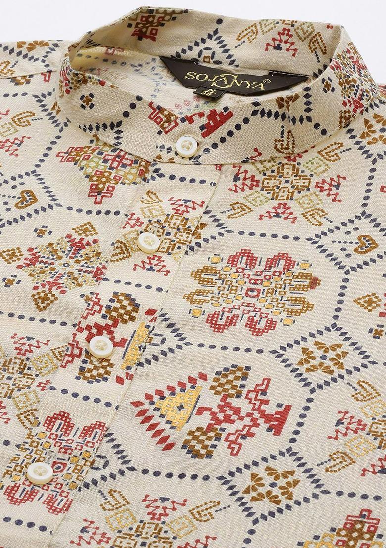 Beige Ethnic Motifs Poly Blend Kurta Set For Men