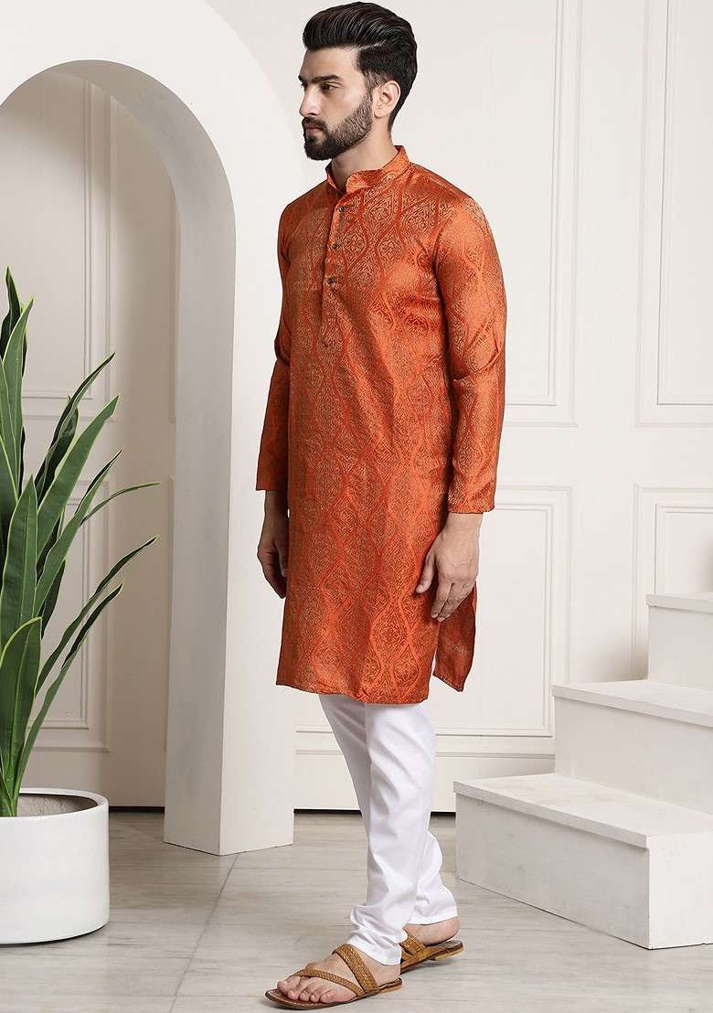 Orange Woven Poly Blend Kurta Set For Men - Indya