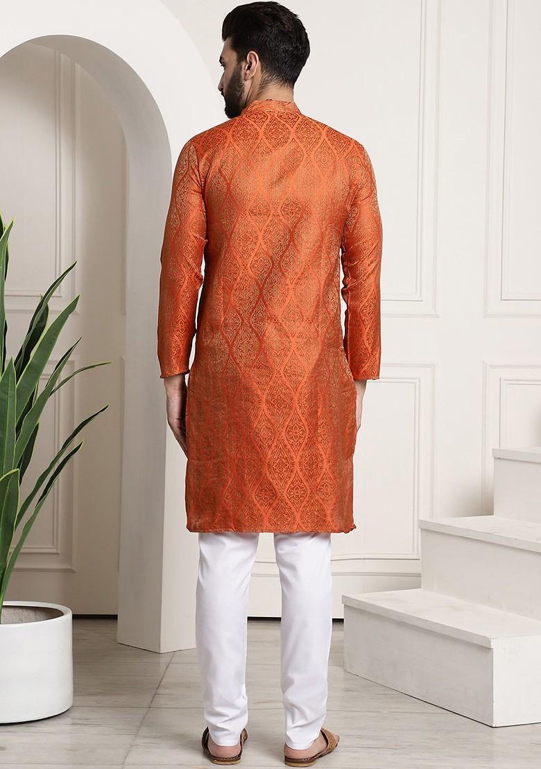 Orange Woven Poly Blend Kurta Set For Men