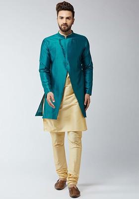 Beige Solid Poly Blend Kurta Set For Men