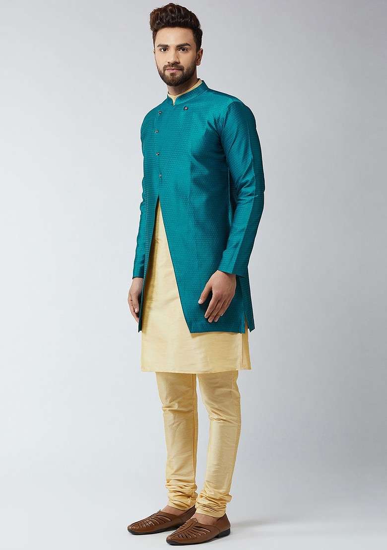 Beige Solid Poly Blend Kurta Set For Men - Indya