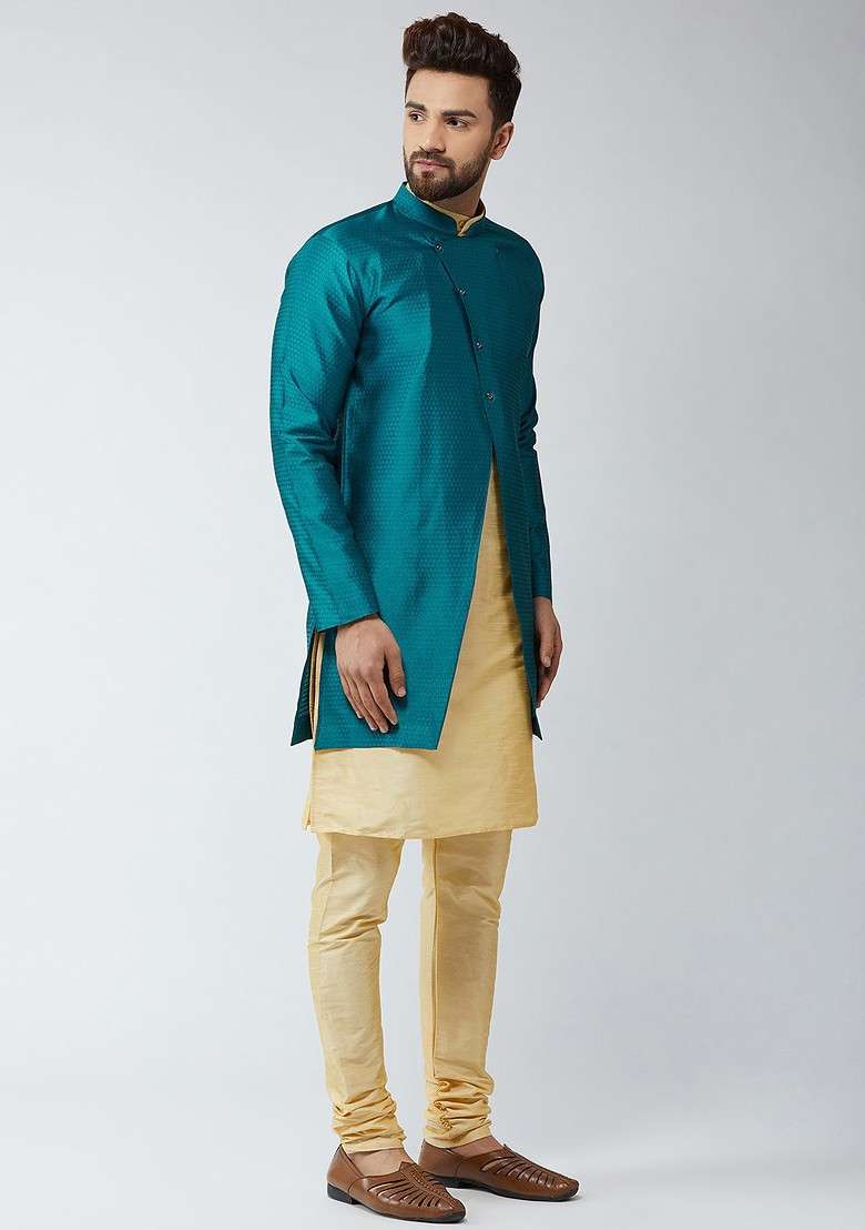 Beige Solid Poly Blend Kurta Set For Men - Indya