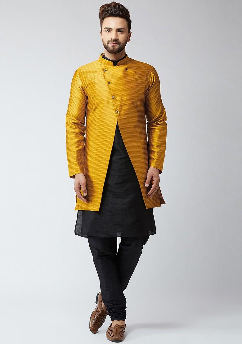 Black Solid Poly Blend Kurta Set For Men