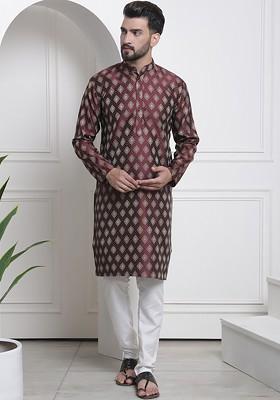 Maroon Woven Cotton Kurta Set For Men