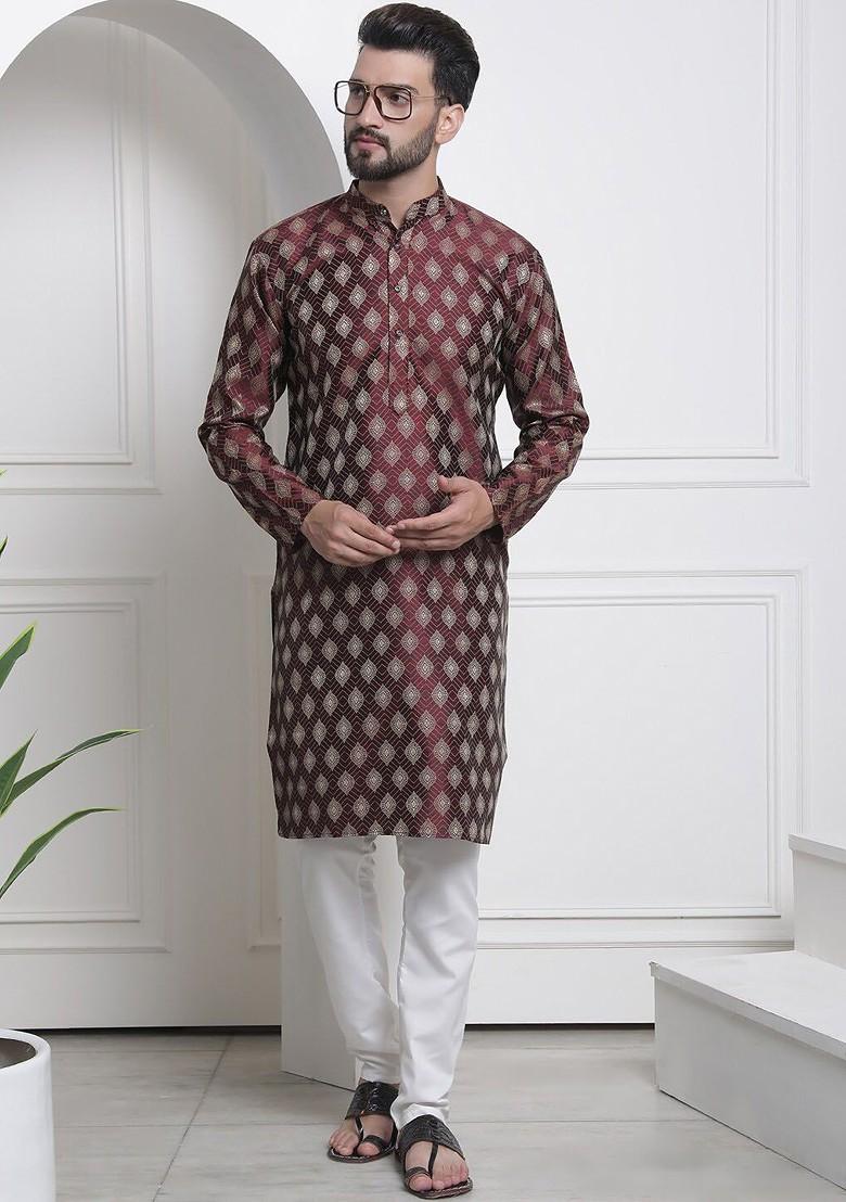Maroon Woven Cotton Kurta Set For Men