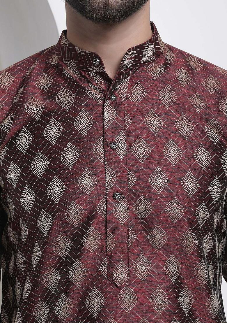 Maroon Woven Cotton Kurta Set For Men