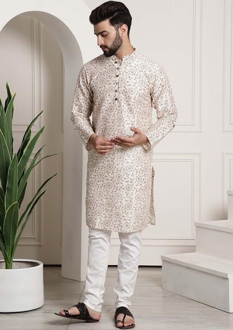 Cream Printed Poly Blend Kurta Set For Men