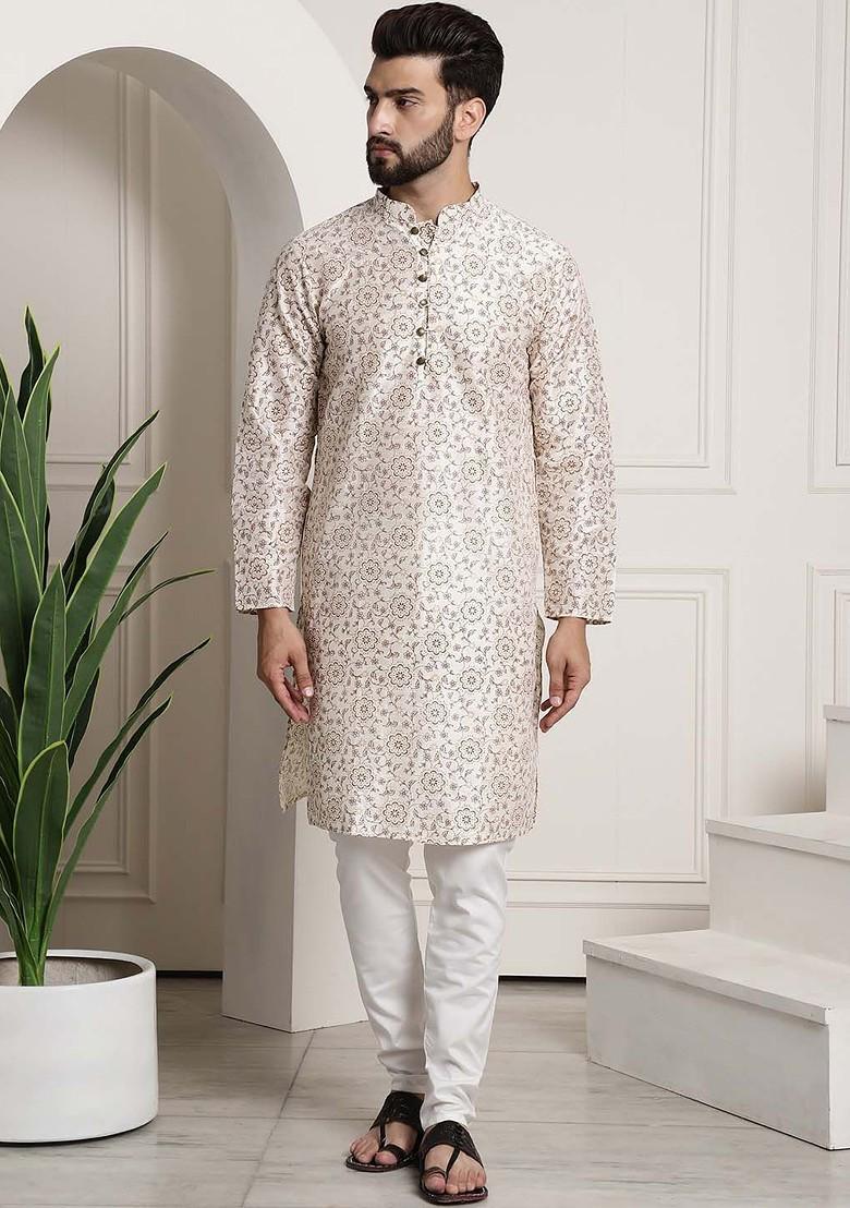 Cream Printed Poly Blend Kurta Set For Men