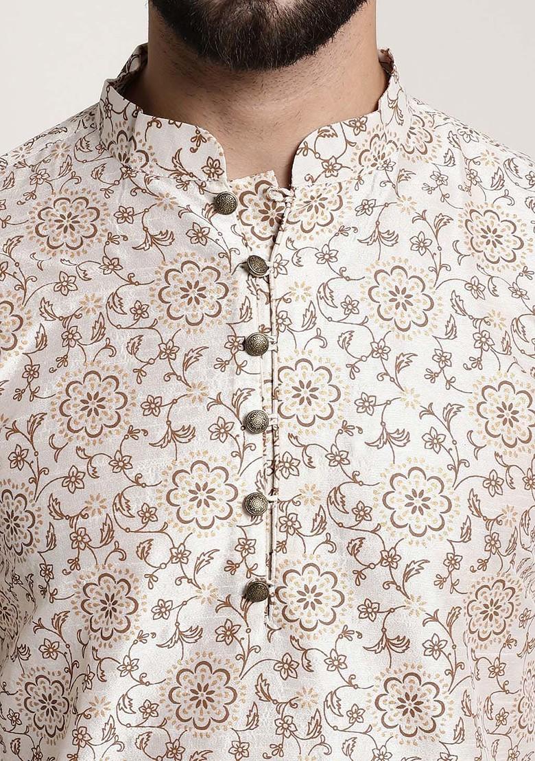 Cream Printed Poly Blend Kurta Set For Men