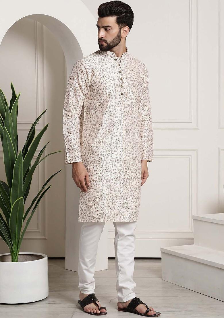 Cream Printed Poly Blend Kurta Set For Men
