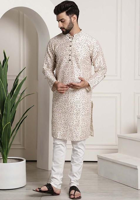 Cream Printed Poly Blend Kurta Set For Men