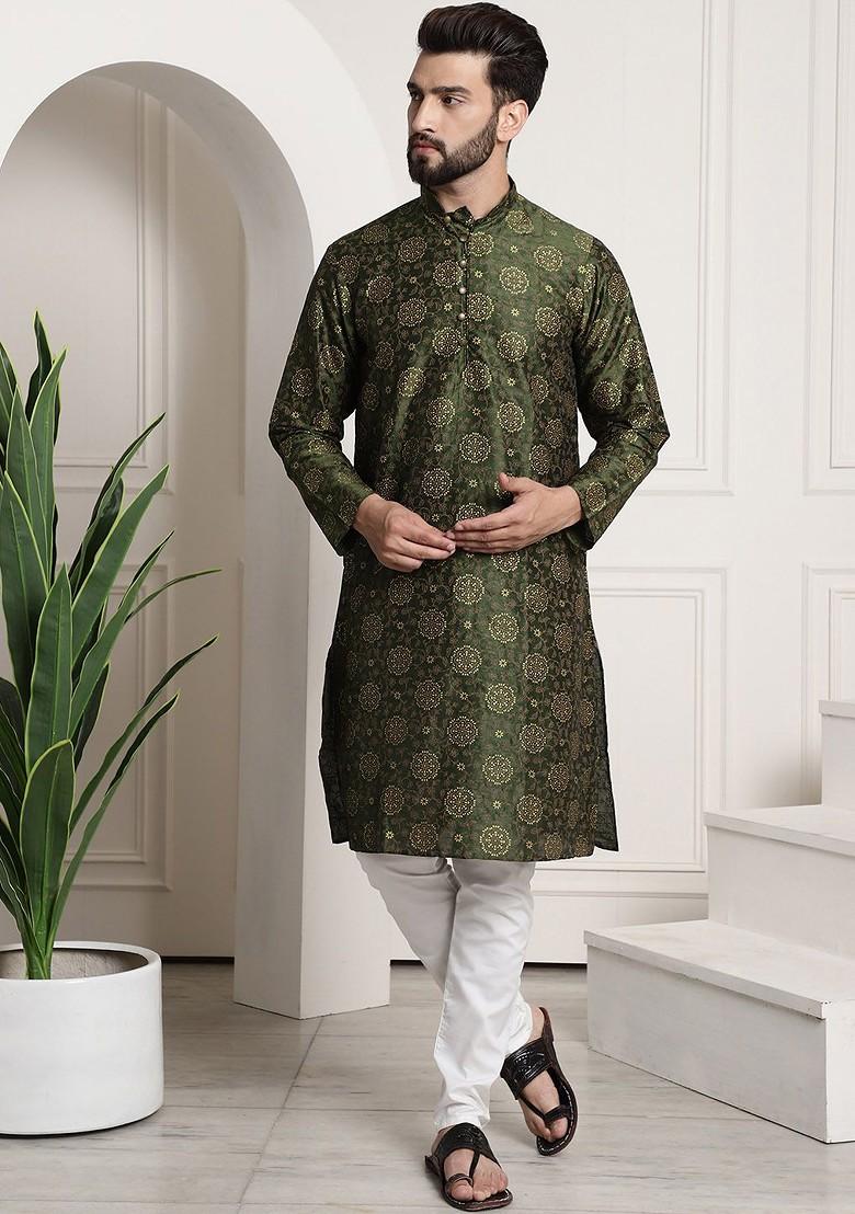 Olive Printed Poly Blend Kurta Set For Men