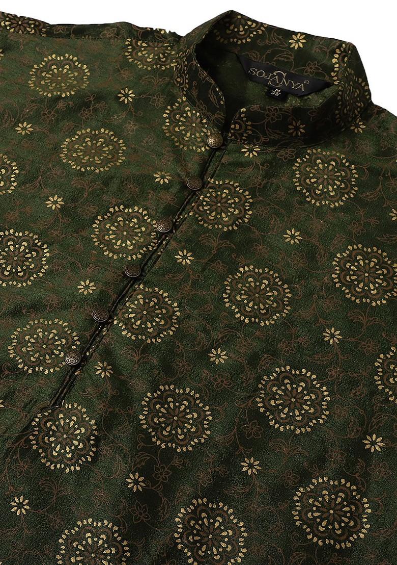 Olive Printed Poly Blend Kurta Set For Men