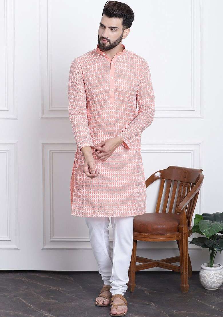 Peach Embroidered Cotton Kurta Set For Men - Indya