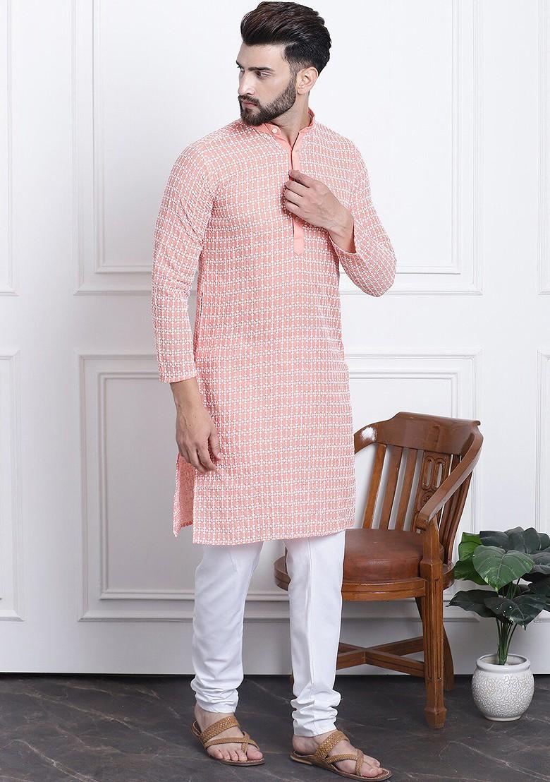Peach Embroidered Cotton Kurta Set For Men