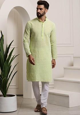 Green Thread Work Cotton Kurta Set For Men