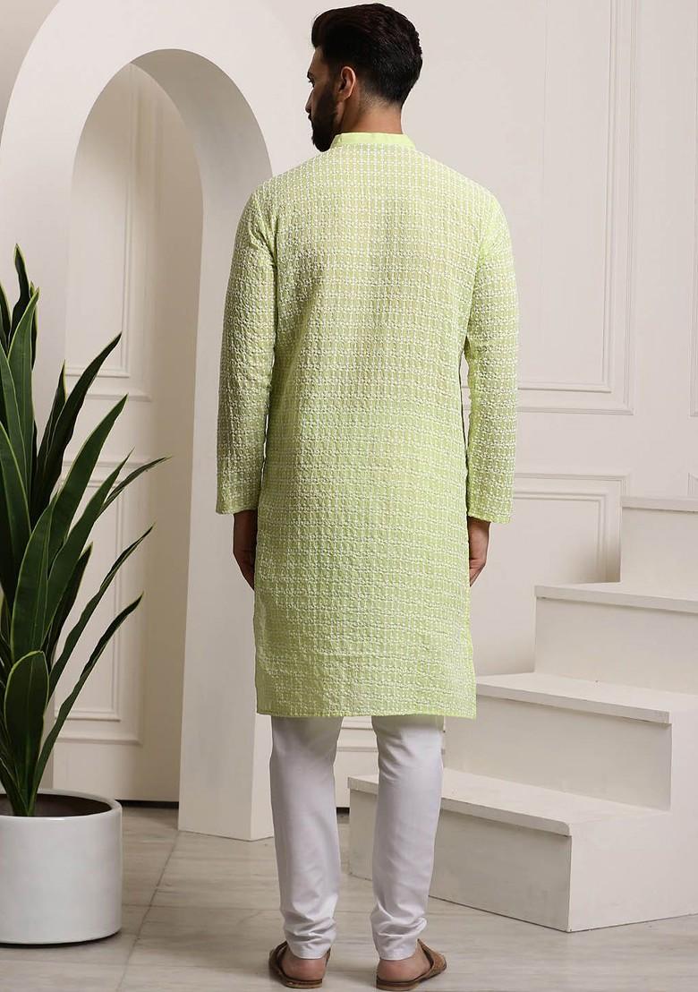 Green Thread Work Cotton Kurta Set For Men