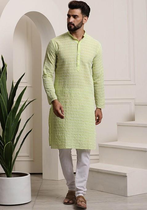 Green Thread Work Cotton Kurta Set For Men