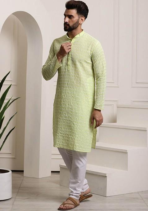 Green Thread Work Cotton Kurta Set For Men