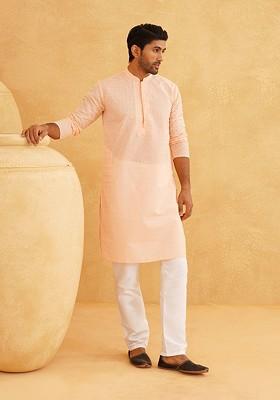 Peach Embroidered Cotton Kurta Set For Men