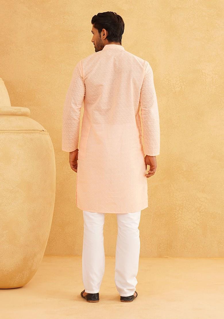 Peach Embroidered Cotton Kurta Set For Men