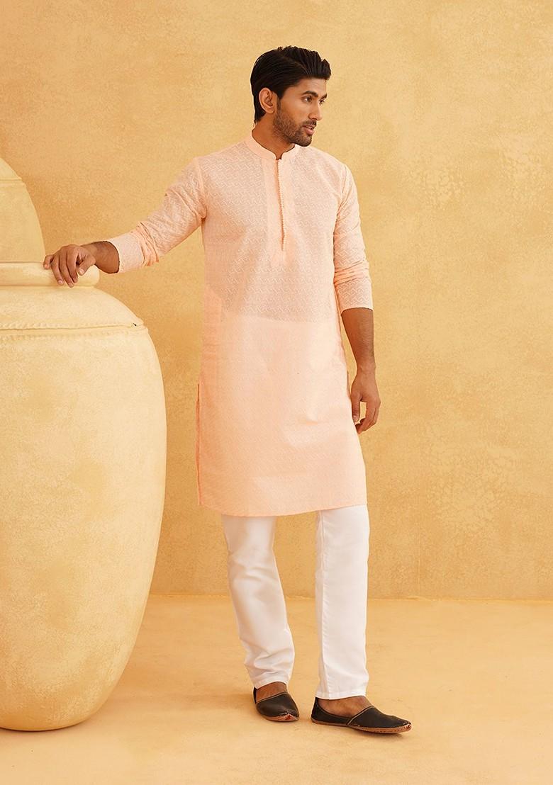 Peach Embroidered Cotton Kurta Set For Men