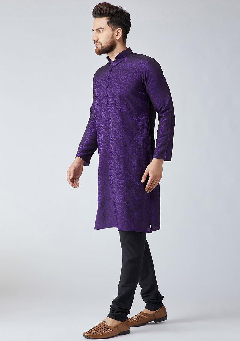 Purple Solid Poly Blend Kurta Set For Men