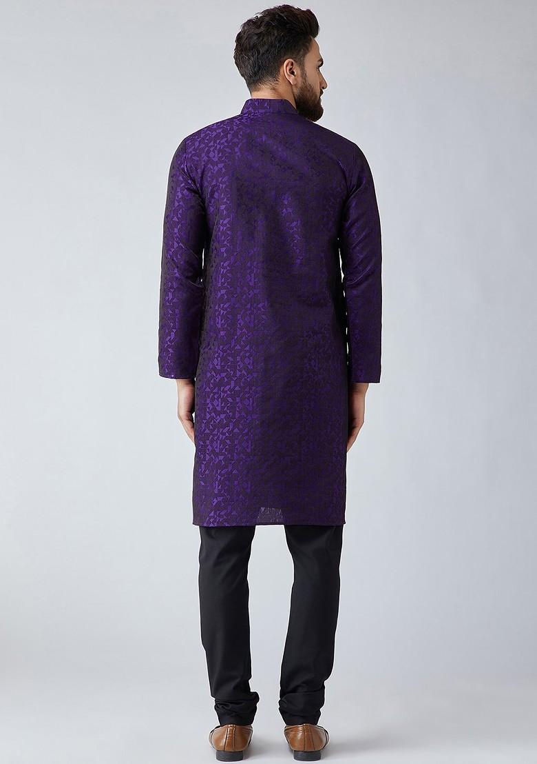 Purple Solid Poly Blend Kurta Set For Men