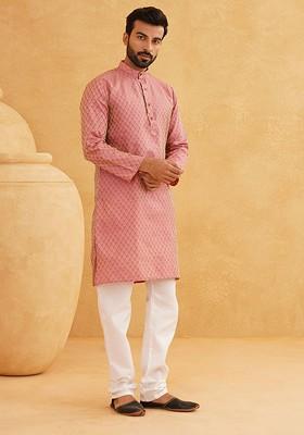 Pink Ethnic Motifs Poly Blend Kurta Set For Men