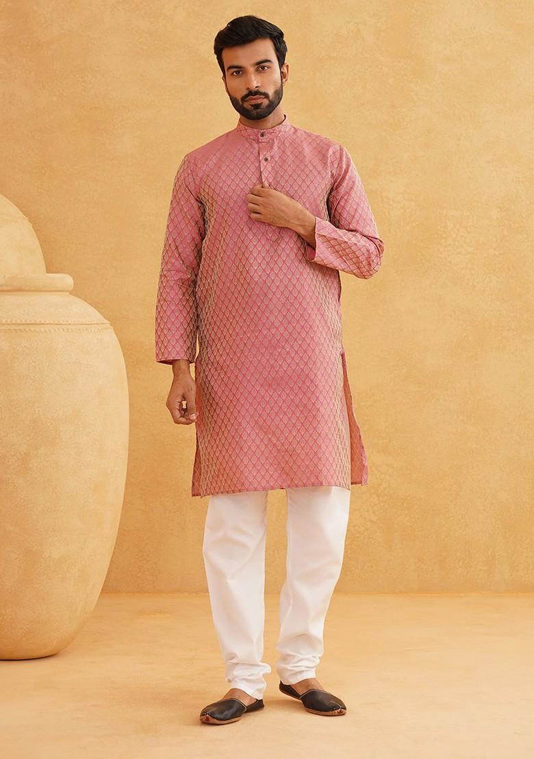 Pink Ethnic Motifs Poly Blend Kurta Set For Men