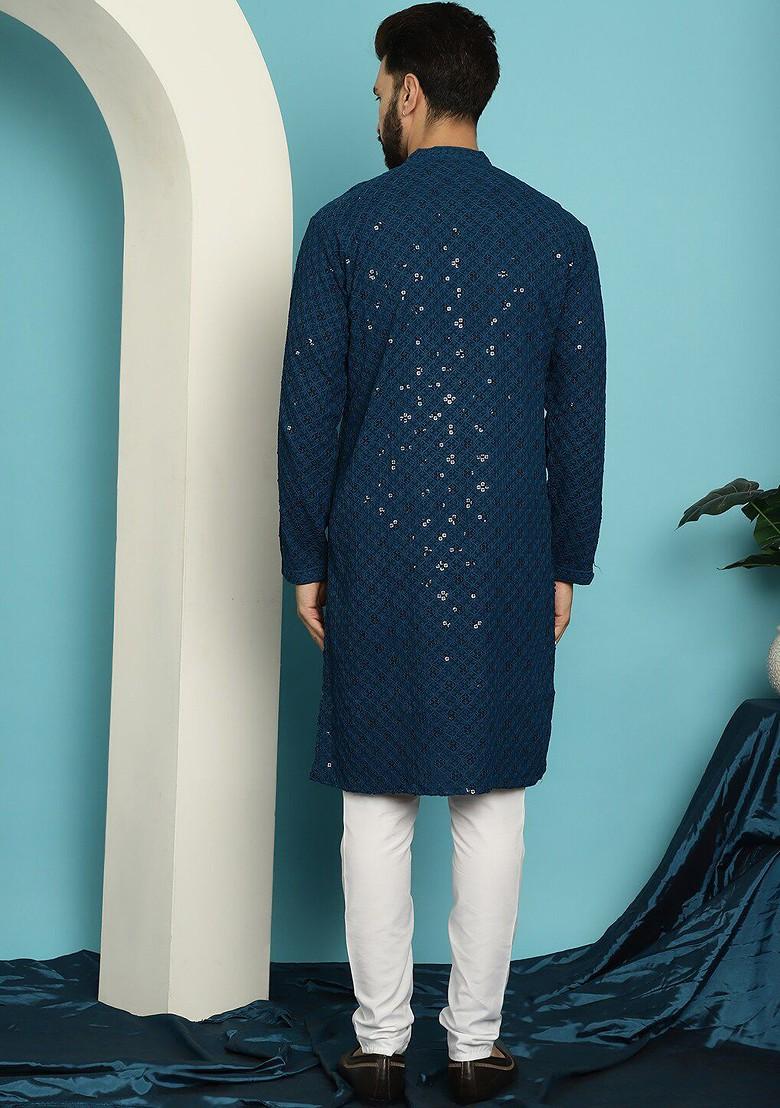 Teal Blue Embroidered Cotton Kurta Set For Men