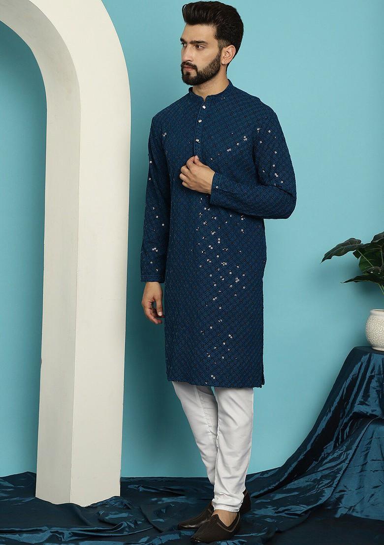 Teal Blue Embroidered Cotton Kurta Set For Men